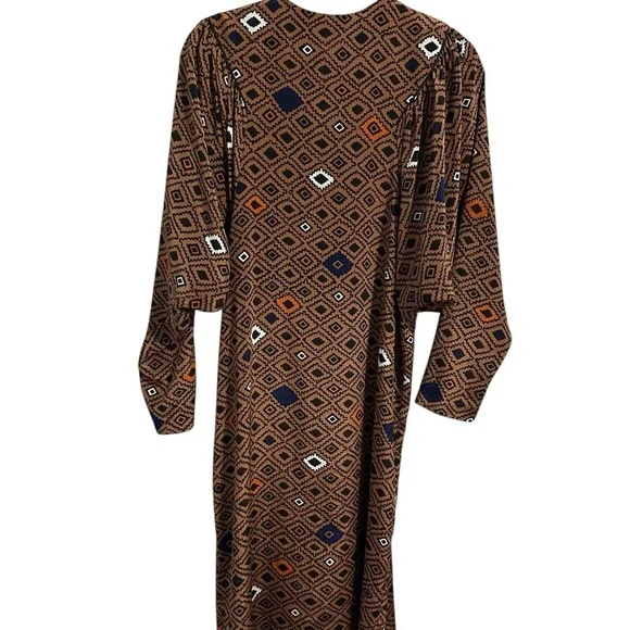 Vintage 1970’s Geometric Patterned Brown Dress Button Down Dolan Sleeves Size - Picture 4 of 7